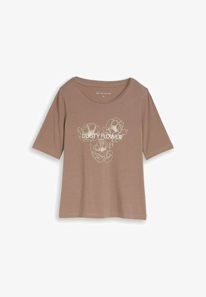 Tricou maro cu mâneci scurte și guler rotund, cu modele de flori conturate în alb și textul „DUSTY FLOWER” în față.