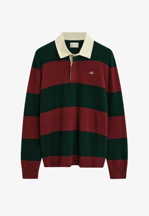 Langärmliges Rugbyhemd mit breiten horizontalen dunkelgrünen und kastanienbraunen Streifen, cremefarbenem Kragen und kleinem Logo auf der linken Brust.