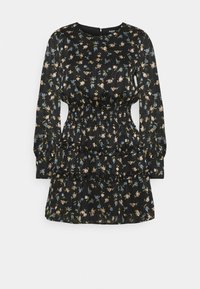 Svart långärmad klänning med små blåa och beigea blommönster, samlad midja och lager på lager volanger på kjolen.