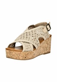 Beige korková wedge sandál s tkaným textilním svrškem a nastavitelným páskem kolem kotníku. Otevřená špička s texturovanou, lehkou podrážkou.