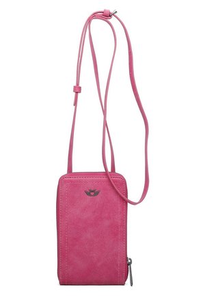 Petit sac bandoulière rectangulaire rose avec une longue sangle réglable et un logo cœur ailé sur le devant, fermeture éclair sur le côté.
