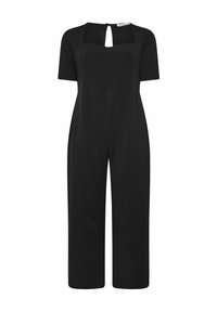 Svart jumpsuit med korta ärmar, fyrkantig halsringning och nyckelhål på baksidan. Har en figursydd kropp och bred bensdesign, tillverkad av en slät tyg.