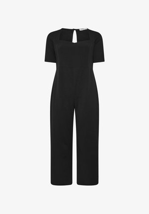 Mono negro con mangas cortas, escote cuadrado y espalda con apertura en forma de llave. Presenta un corsé ajustado y un diseño de pierna ancha, hecho de tela suave.