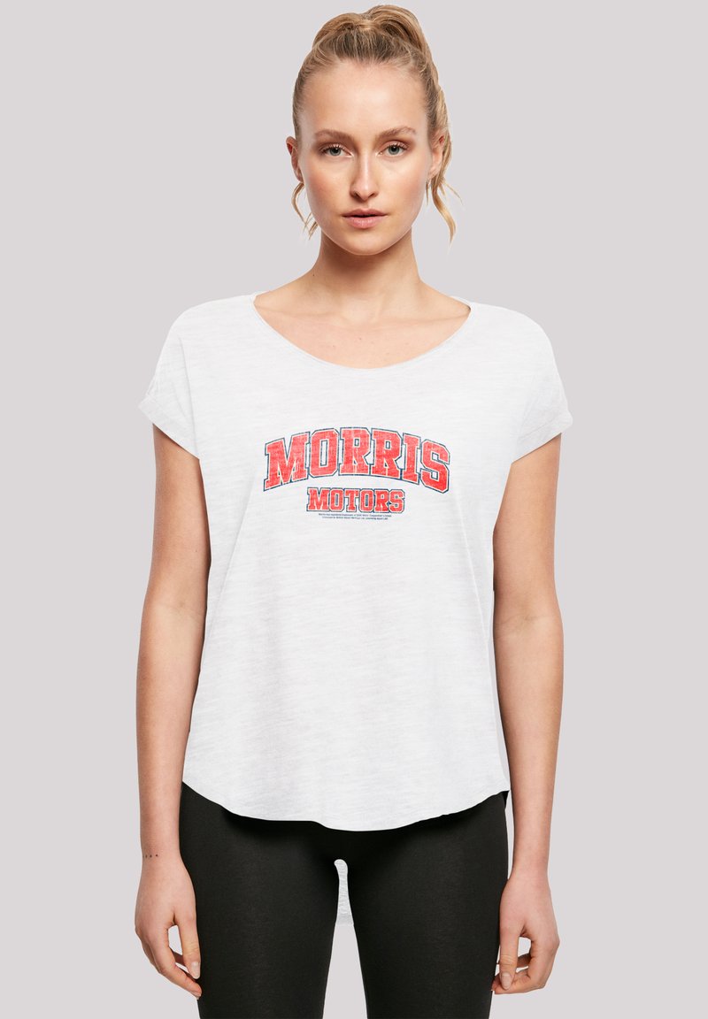 White short-sleeve top featuring "MORRIS MOTORS" graphic in red, round neckline, and relaxed fit, made from a soft, lightweight fabric.