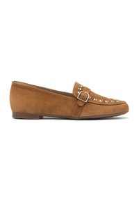 Tan suede loafers with a flat sole, featuring a strap and decorative silver studs along the front. Simple design with a rounded toe.