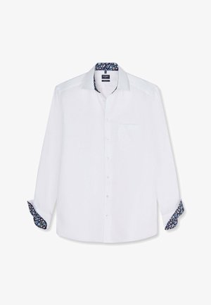 Weißes langärmliges Hemd mit Knopfleiste, navyblaue florale Innenseite am Kragen und an den Manschetten, Vorderbrusttasche und geradem Saum.