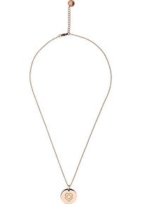 Roze gouden halsketting met een delicate ketting en een ronde hanger met een hart symbool. Gladde textuur, minimalistisch ontwerp.