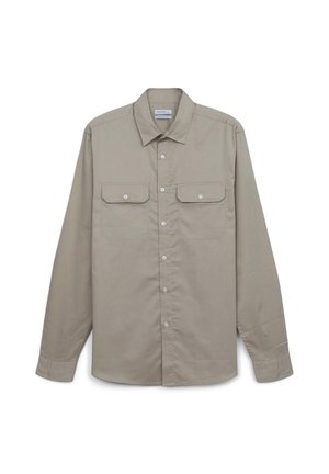 Khaki long-sleeve shirt made of cotton, featuring a classic collar, two chest pockets, button closure, and straight hem. Plain texture.
