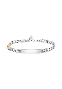 Bracciale in argento con una barra lucidata al centro, caratterizzata da un accento dorato e dettagli neri su ciascun lato.