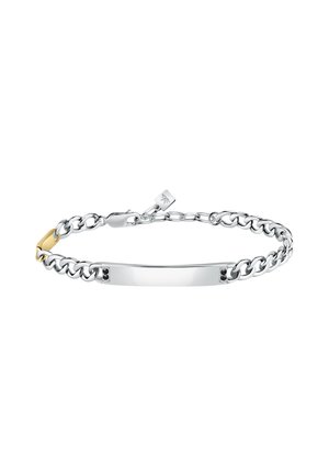Bracciale in argento con una barra lucidata al centro, caratterizzata da un accento dorato e dettagli neri su ciascun lato.