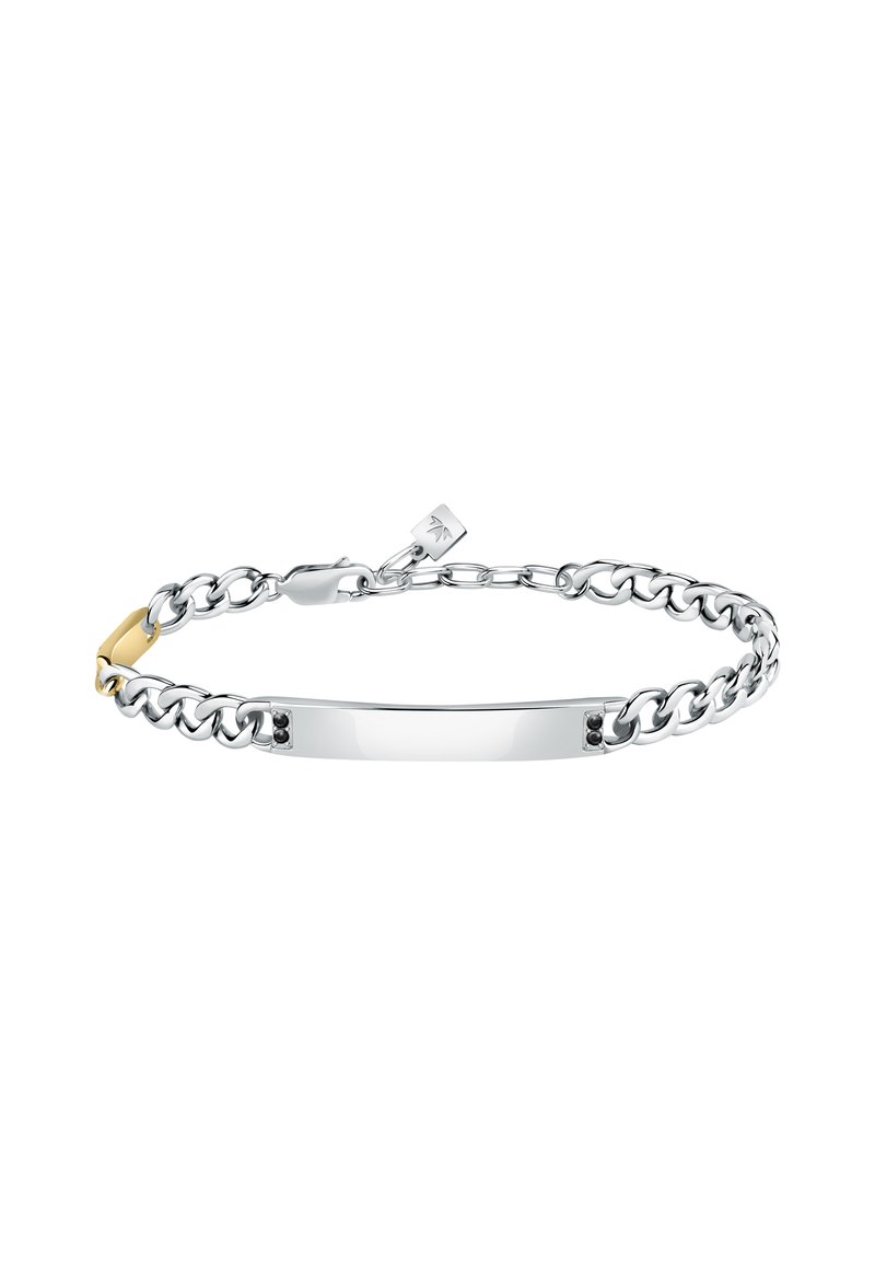 Bracciale in argento con una barra lucidata al centro, caratterizzata da un accento dorato e dettagli neri su ciascun lato.