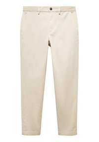 Beige Hosen aus glattem Baumwollstoff, mit vier Taschen, einem Knopfverschluss und schmal zulaufenden Beinen mit einem sauberen Saum.