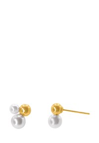 Boucles d'oreilles en perles d'or et d'argent comprenant trois perles sphériques de tailles variées, avec une finition polie et un dos de clou simple.