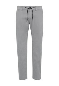 Lichtgrijze broek van zacht materiaal, met een elastische tailleband, slim fit en geen opvallende patronen of hardwaredetails.