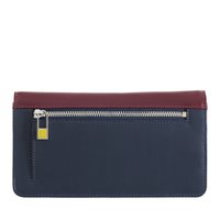Navy and burgundy leather wallet with a zippered top, featuring a smooth texture and a small gold brand tag attached to the zipper.
