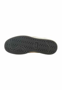Suola di scarpa in gomma nera con motivo a zigzag, caratterizzata da una soletta di un marrone chiaro e logo in rilievo. Superficie piatta e testurizzata per una migliore aderenza.