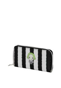 Cartera de rayas en blanco y negro con un personaje de cabello verde vestido con un traje a rayas. Fabricada en material sintético con cierre de cremallera.