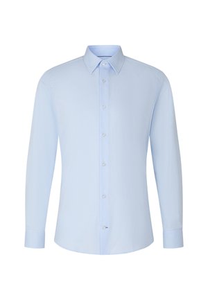 Lichtblauw overhemd met lange mouwen, voorzien van een puntige kraag, knoopsluiting aan de voorkant, gestructureerde stof en een fitted design. Heeft witte knopen en manchetten.