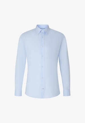 Jasnoniebieska koszula z długim rękawem, z odwróconym kołnierzykiem, zapinana na guziki z przodu, wykonana z teksturowanej tkaniny, o dopasowanym kroju. Posiada białe guziki i mankiety.