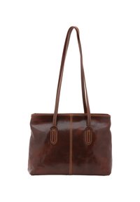 Borsa tote in pelle marrone con due manici lunghi, caratterizzata da una texture liscia e cuciture a contrasto lungo il centro e i bordi.