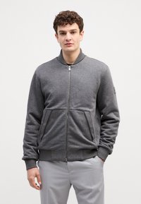 Giubbotto bomber grigio con zip, colletto e polsini a coste, dotato di due tasche frontali e branding minimale sulla manica. Texture morbida.