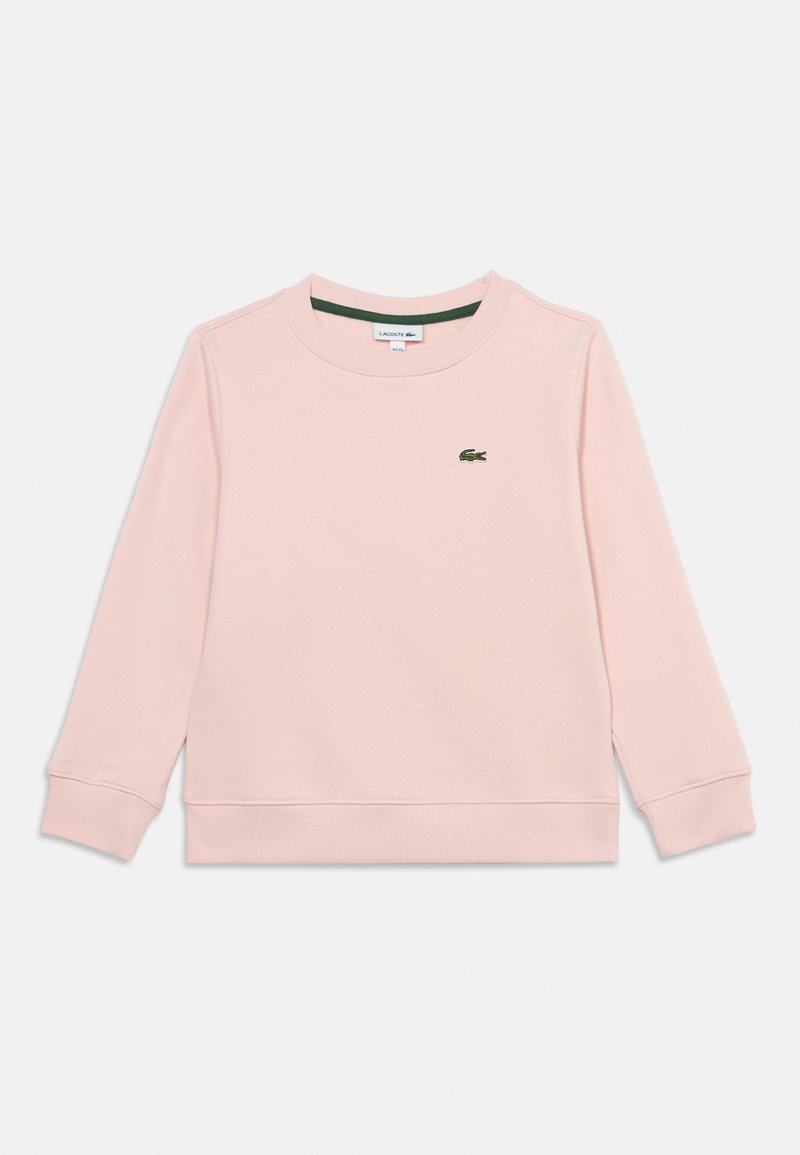 Sweat-shirt rose clair à manches longues avec col rond et petit logo crocodile vert brodé sur la poitrine gauche.