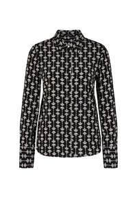 Long-sleeve black shirt featuring a white floral pattern, collared neck, and button-down front. Smooth fabric with a tailored fit.
