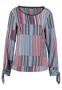 Blusa a maniche lunghe a righe con linee verticali in blu, rosso e bianco. Tessuto morbido con dettagli a fiocco ai polsi e scollatura rotonda.