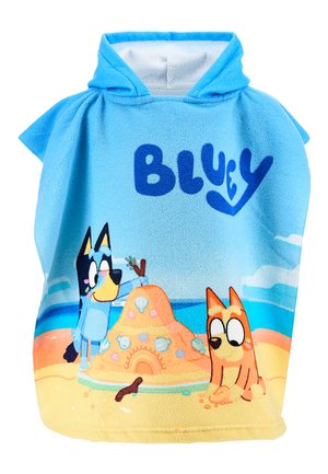 Blue hooded towel featuring two cartoon dogs building a sandcastle on a beach with the word "Bluey" above them.