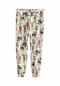 Bomulds pyjamasbukser med elastisk talje, prydet med et legende mønster af rensdyr i farverige outfits på en cremet baggrund.