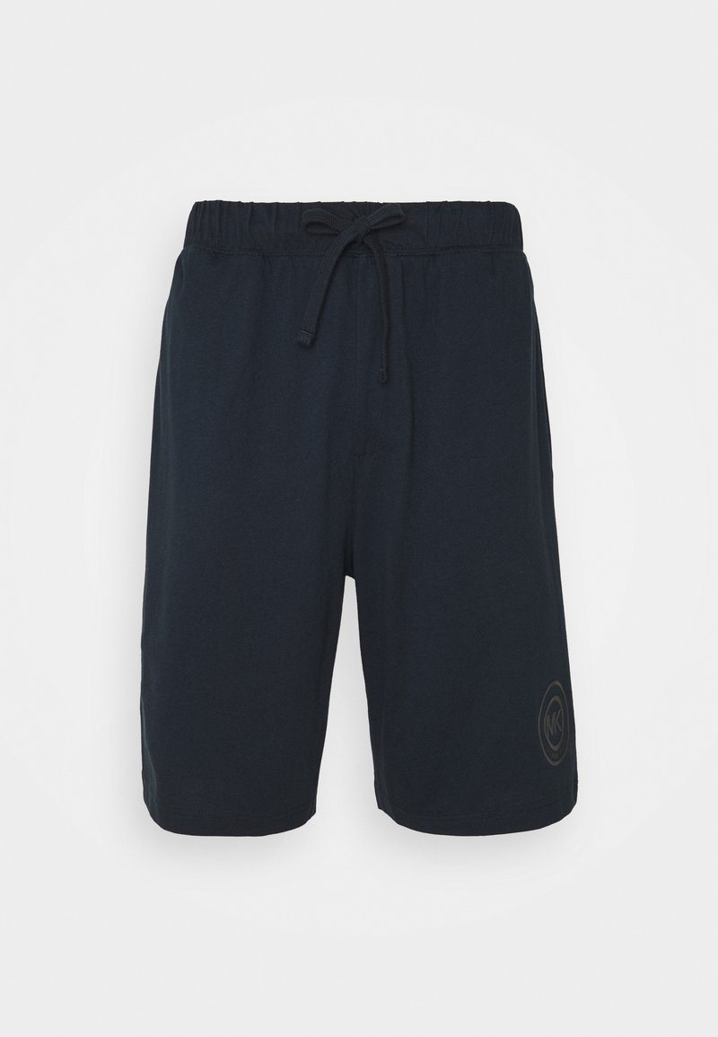 Navy blue shorts made of soft cotton blend, featuring an elastic waistband with drawstring and a logo patch on the left leg.