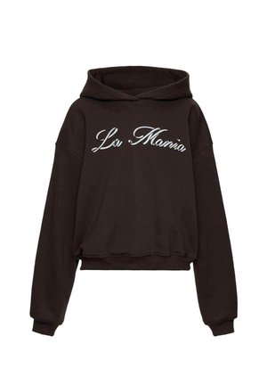 Czarna krótka bluza z kapturem wykonana z miękkiego materiału, z napisem z przodu w srebrnym stylu. Posiada kaptur ze sznurkiem i luźne rękawy.