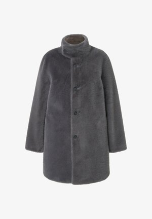 Gray faux fur coat with a high collar, button front, and long sleeves. Features a soft texture and a relaxed silhouette.