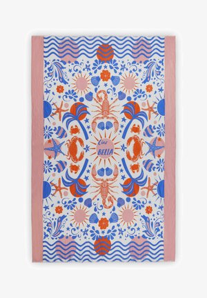 Katoenen tafelkleed met levendige koraal, blauw en roze zee-thema ontwerpen, waaronder kreeften, krabben, schelpen en bloemmotieven.