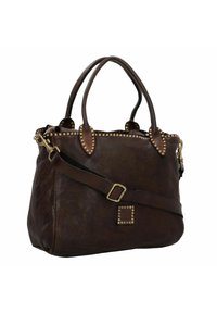 Bruine leren handtas met dubbele handvatten, verstelbare schouderband, studs en een textuur oppervlak. Inclusief een kenmerkend vierkant logo detail.