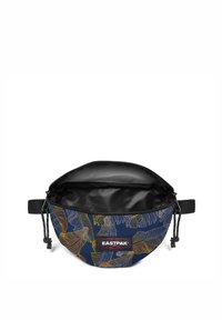 Pochette EASTPAK realizzata in tessuto blu navy con motivi a foglia gialli e bianchi; chiusura con zip; cordino regolabile; interno liscio.