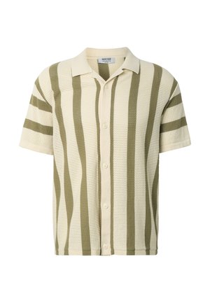 Lühikeste varrukatega kootud särk vertikaalsete oliivroheliste ja kreemjade triipudega, ees nööpide jaotusega ning terava kraega.