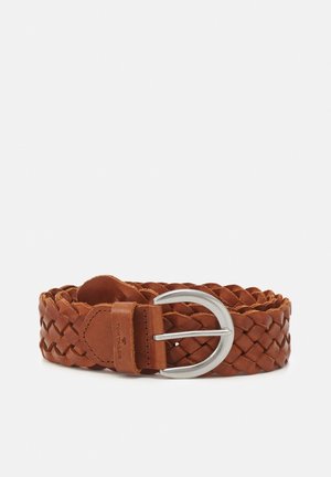 Braided brown leather belt with silver rounded buckle, laid flat with visible stitching and brand embossed on leather loop.