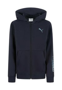 Felpa con zip blu navy, con cappuccio, tasche frontali, logo Puma blu chiaro sul petto e testo "Original Sportswear" sulla manica sinistra.