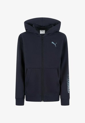 Felpa con zip blu navy, con cappuccio, tasche frontali, logo Puma blu chiaro sul petto e testo "Original Sportswear" sulla manica sinistra.