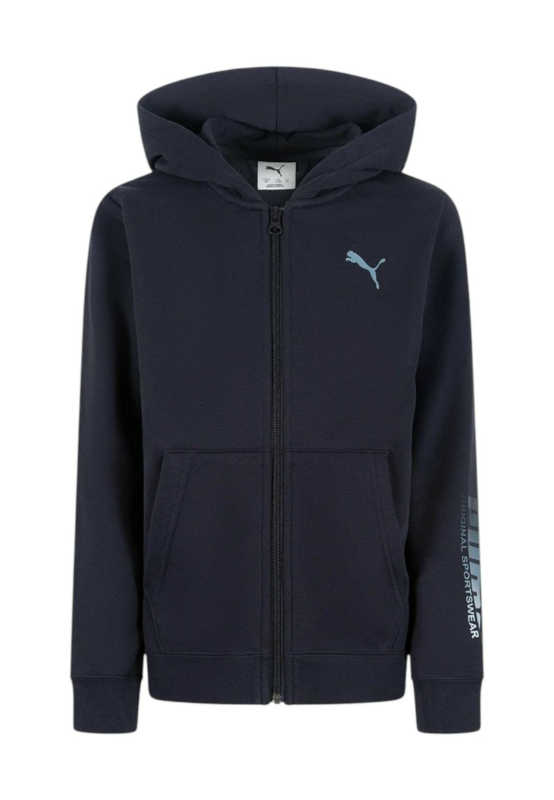 Felpa con zip blu navy, con cappuccio, tasche frontali, logo Puma blu chiaro sul petto e testo "Original Sportswear" sulla manica sinistra.