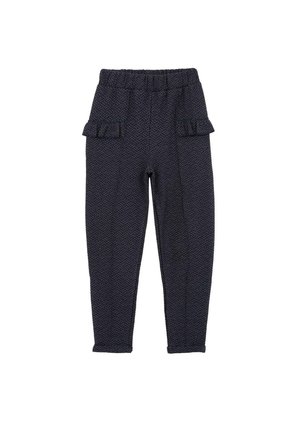 Granatowe spodnie z wysokim stanem, z teksturowanym geometrycznym wzorem i falbankowymi klapowymi kieszeniami z przodu, dopasowany fason.