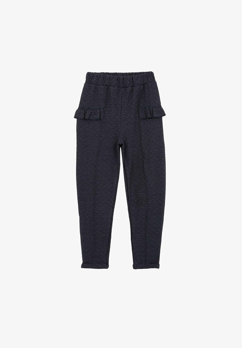 Pantalon taille haute bleu marine avec motif géométrique texturé et poches à rabat volantées sur le devant, coupe slim.