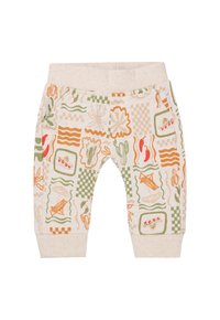 Beige Kinder-Sweatpants mit bunten Mustern von Kakteen, Wellen und Strandgegenständen. Ausgestattet mit Seitentaschen und einem elastischen Bund.