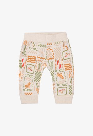 Pantalons de survêtement beige pour enfants ornés de motifs colorés de cactus, de vagues et d'objets de plage. Conçus avec des poches latérales et une taille élastique.