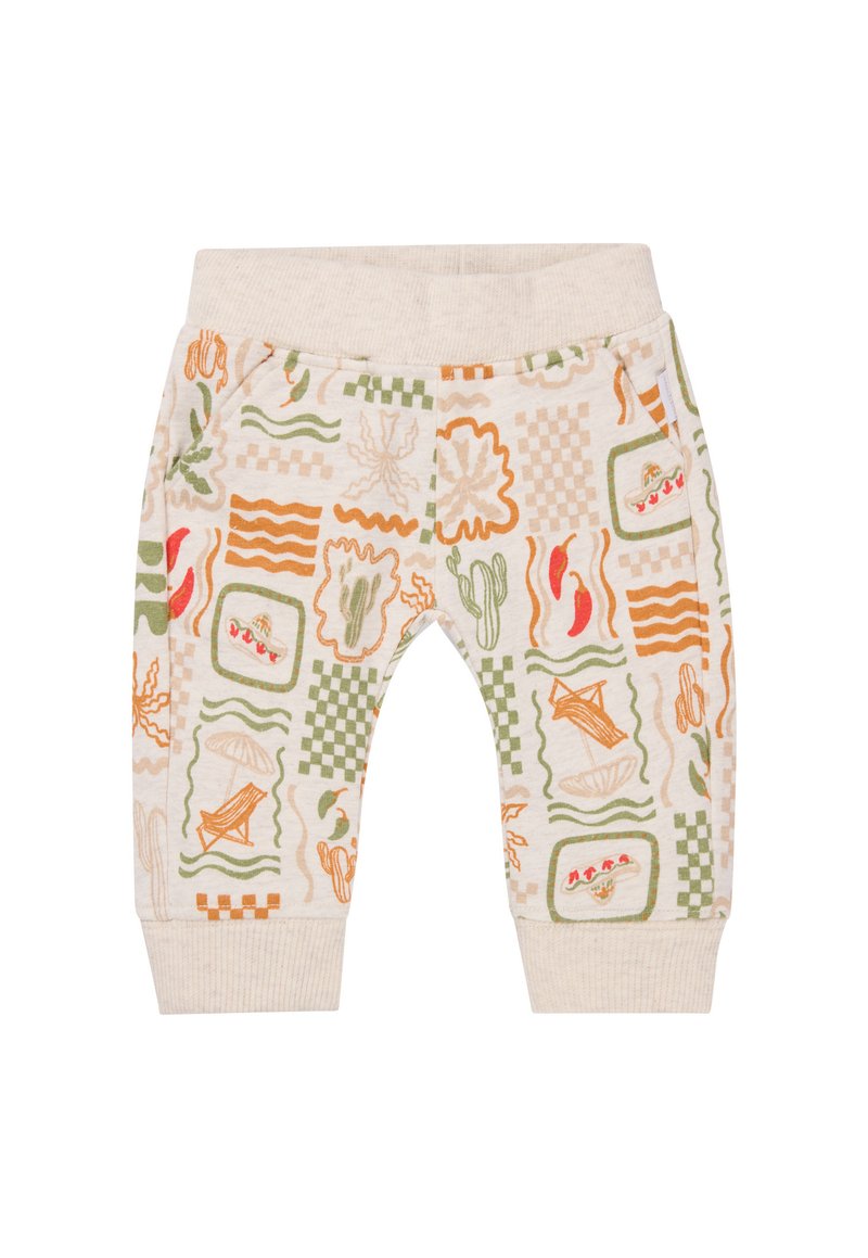 Beige Kinder-Sweatpants mit bunten Mustern von Kakteen, Wellen und Strandgegenständen. Ausgestattet mit Seitentaschen und einem elastischen Bund.