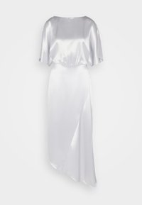 Robe blanche en satin avec des manches courtes, un col rond et un design enveloppant diagonal atteignant le milieu du mollet. Texture lisse et brillante.