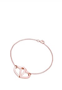 Roze gouden armband met twee in elkaar vervlochten hartvormen in het midden, met een delicaat ketting en een kreeftsluiting.