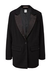 Black blazer with satin lapels, single button closure, two front pockets, and a textured finish. Inner lining is smooth and dark.