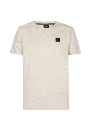 Krátké rukávy tričko v světle béžové barvě s texturovaným vzorem. Na levé straně hrudi je malý černý čtvercový logo. Klasický kulatý výstřih.